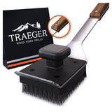 Traeger Grills BAC537 BBQ Cleaning Brush for Outdoor Grill – Stainless Steel Grill Scraper with Nylon Bristles, Teak Wood Handle, Dual Grip Design, and Hanging Loop Traeger
