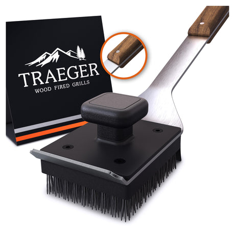 Traeger Grills BAC537 BBQ Cleaning Brush for Outdoor Grill – Stainless Steel Grill Scraper with Nylon Bristles, Teak Wood Handle, Dual Grip Design, and Hanging Loop Traeger