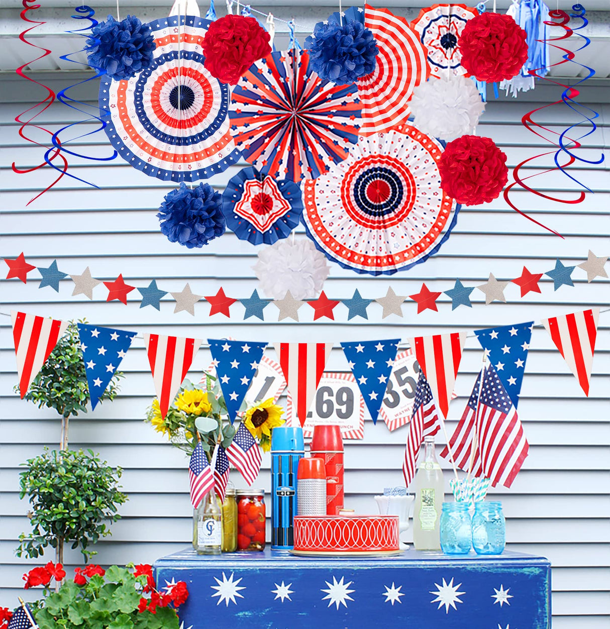 29PCS 4th/Fourth of July Patriotic Decorations Set - Red White Blue Paper Fans,USA Flag Pennant,Star Streamer,Pom Poms,Hanging Swirls Party Decor Supplies jollylife