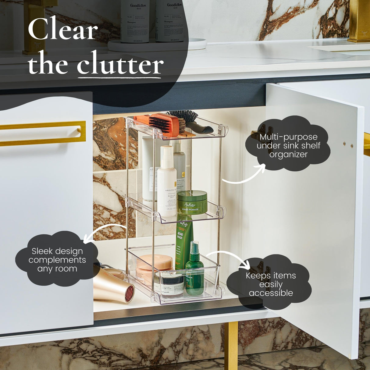 3 Tier Clear Under Bathroom Sink Organizer Pull Out Drawer | Bathroom Cabinet Under Sink storage | Under Vanity Organizer | Medicine Cabinet Storage | (2 Pack) ARSLY