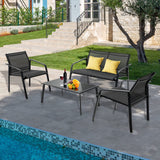 Tangkula 4 Pieces Patio Furniture Set, Outdoor Conversation Set with Tempered Glass Coffee Table, Outdoor Bistro Set with Fabric and Anti-Rust Steel Frame for Garden, Poolside and Backyard (Black) Tangkula