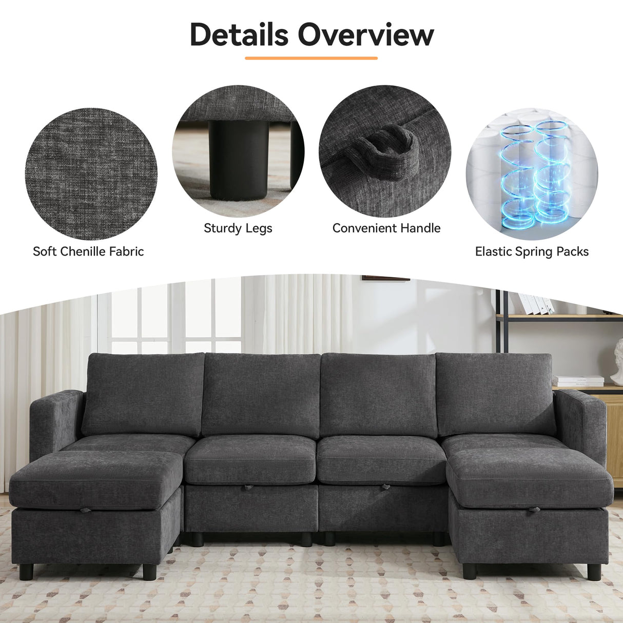 WUTUTUEE 58”Modular Sectional Loveseat Sofa, Modern Love Seat 2 Seater Sofa Couch with Storage, Chenille Modular Sectional Couch for Living Room, Bedroom, Office, Small Apartment, Dark Grey WUTUTUEE