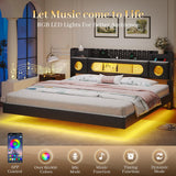 BYSAUD King Size Bed Frame,Floating Bed Frame with Storage Headboard & LED Light,Floating bed Frame King with Charging Station,King Bed with Bookcase Headboard,No Box Spring Needed,Noise-Free PU Black BYSAUD