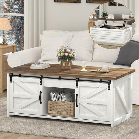 REVOMINCA Farmhouse Lift Top Coffee Table, 48" Large Coffee Table for Living Room, Wood Center Table with Hidden Storage Compartment and Sliding Barn Doors, White REVOMINCA