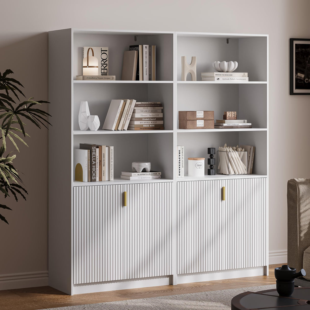 White 4-Piece Large TV Stand with 2 Bookshelves for TVs up to 70”, TV Entertainment Center Media Center with Open Storage, Media Console Table with Display Cabinet for Living Room & Home Theater MAISONARIA