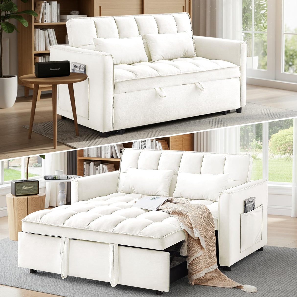 Dreamzie 3 in 1 Convertible Sleeper Sofa Bed, Pull Out Couch for Living Room with Side Pocket, Loveseat Sleeper with Adjustable Backrest (Fabric, White) Dreamzie
