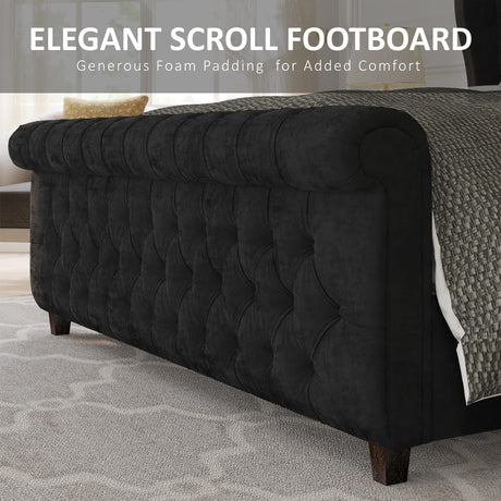 AMERLIFE King Size Platform Bed Frame, Velvet Upholstered Sleigh Bed with Scroll Wingback Headboard & Footboard/Button Tufted/No Box Spring Required/Easy Assembly/Black AMERLIFE
