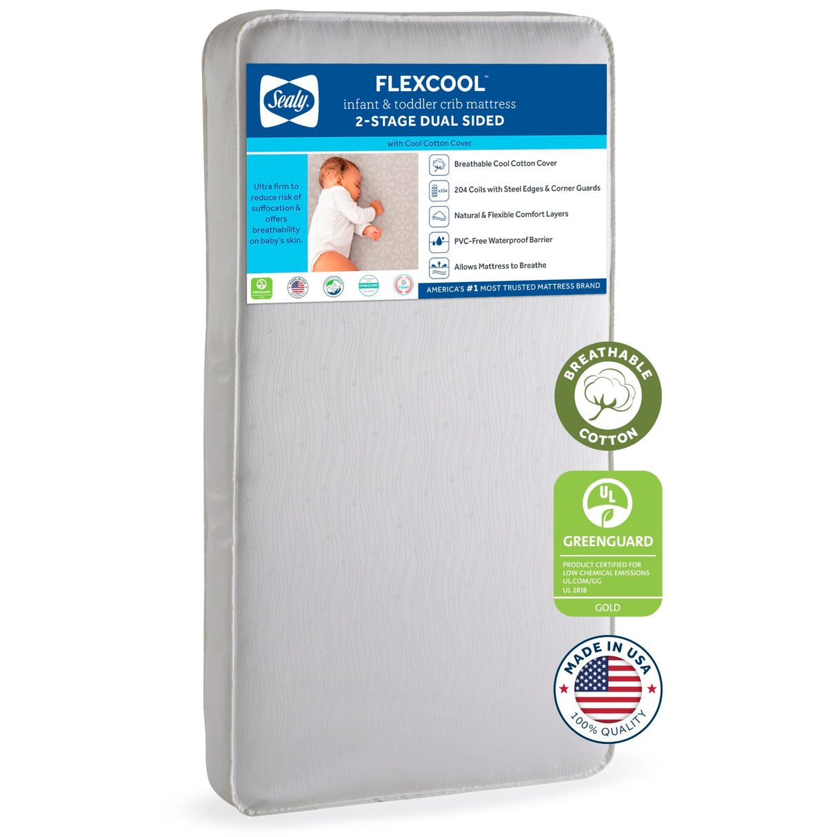 Sealy Baby Flex Cool Breathable 2 Stage Waterproof Crib Mattress plus Toddler Bed Fit, Airy Cotton Cover, 204 Premium Coils, GREENGUARD Gold Certified, Safety & Quality Tested, Made in USA, 52'X28' SEALY BABY