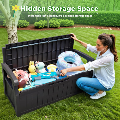 Greesum 70 Gallon Outdoor Storage Deck Box with Armrest Bench Lockable, Waterproof and UV Resistant, Suitable for Garden, Pool, Patio, Brown Greesum