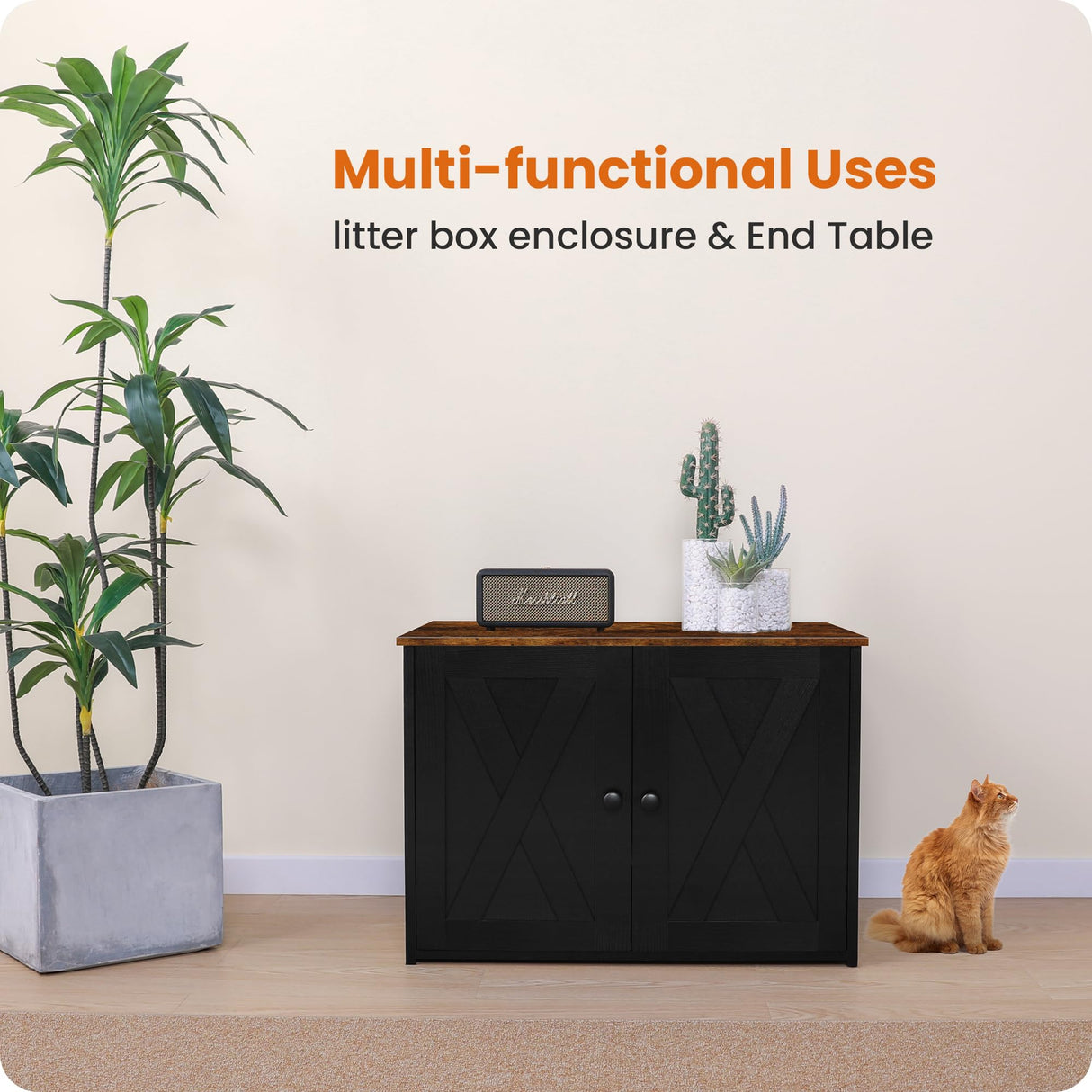 Dwanton Litter Box Enclosure, Cat Litter Box Furniture Hidden, Reversible Entrance Can Be on Left or Right Side, Wooden Cat Washroom Indoor, Black and Rustic Brown, 27.6 Inches Dwanton