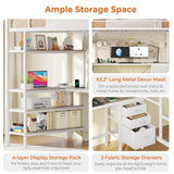 Loft Bed Twin Size with L-Shaped Desk and Storage Shelves, Metal Loft Bed Frame with Power Outlet, LED Lights, 3 Fabric Drawers, Metal Mesh, Space-Saving, No Box Spring Needed, White MSmask