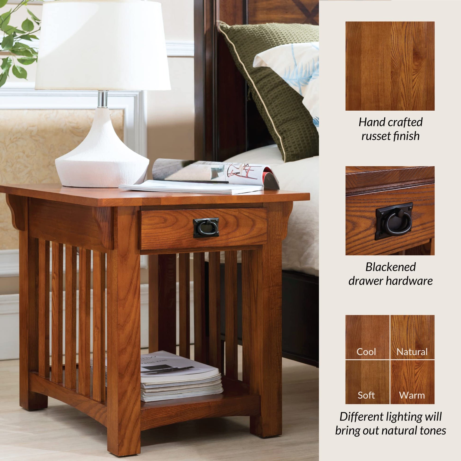 Leick Home 8207 Mission Impeccable End Table with Drawer, Made with Solid Wood, Side Table for Living Room, Bedroom, Medium Oak Finish, Russet - WoodArtSupply