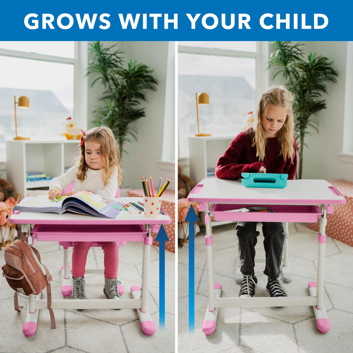Mount-It! Kids Desk and Chair Set, Height Adjustable Sturdy, Girl Desk, Kids Art Desk, Kids Study Desk and Chair Set for Boys, Home School, Drafting Desk, Ergonomic Childrens Storage Drawer Pink Mount-It!