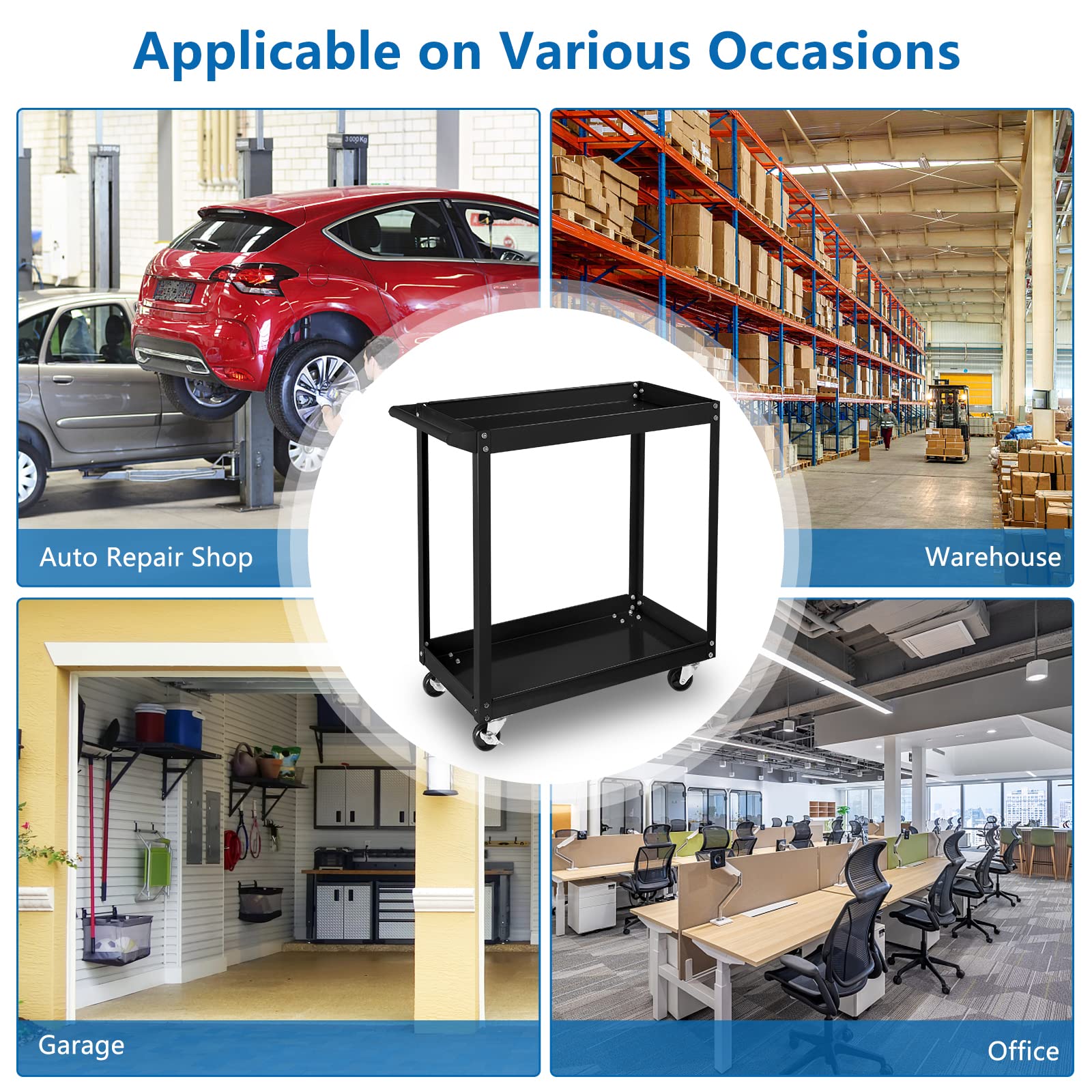 TUFFIOM 2 Tier Rolling Tool Cart, 220 LBS Capacity Industrial Service Cart w/Wheels, 2 Shelf Steel Utility Cart, Tool Storage Organizer for Mechanic, - WoodArtSupply