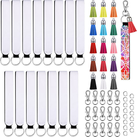 Hicarer 60 Pcs/15 Set Sublimation Blanks Wristlet Keychain Set, Sublimation Lanyard Blank Sublimation Keychain Tassels Neoprene Wristlet Swivel Snap Hooks and Jump Rings for DIY Keychains Hicarer