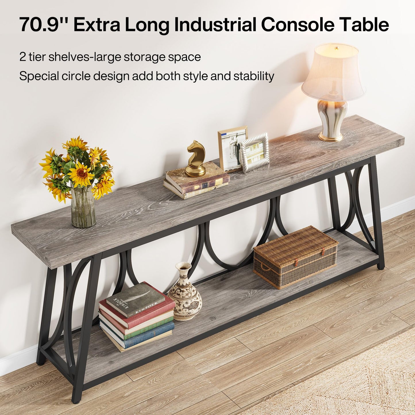 Tribesigns 70.9 inch Extra Long Console Table, Industrial Sofa Table Behind Couch with 2 Tier Storage Shelf, Narrow Entryway Hallway Accent Table for Living Room, Grey - WoodArtSupply