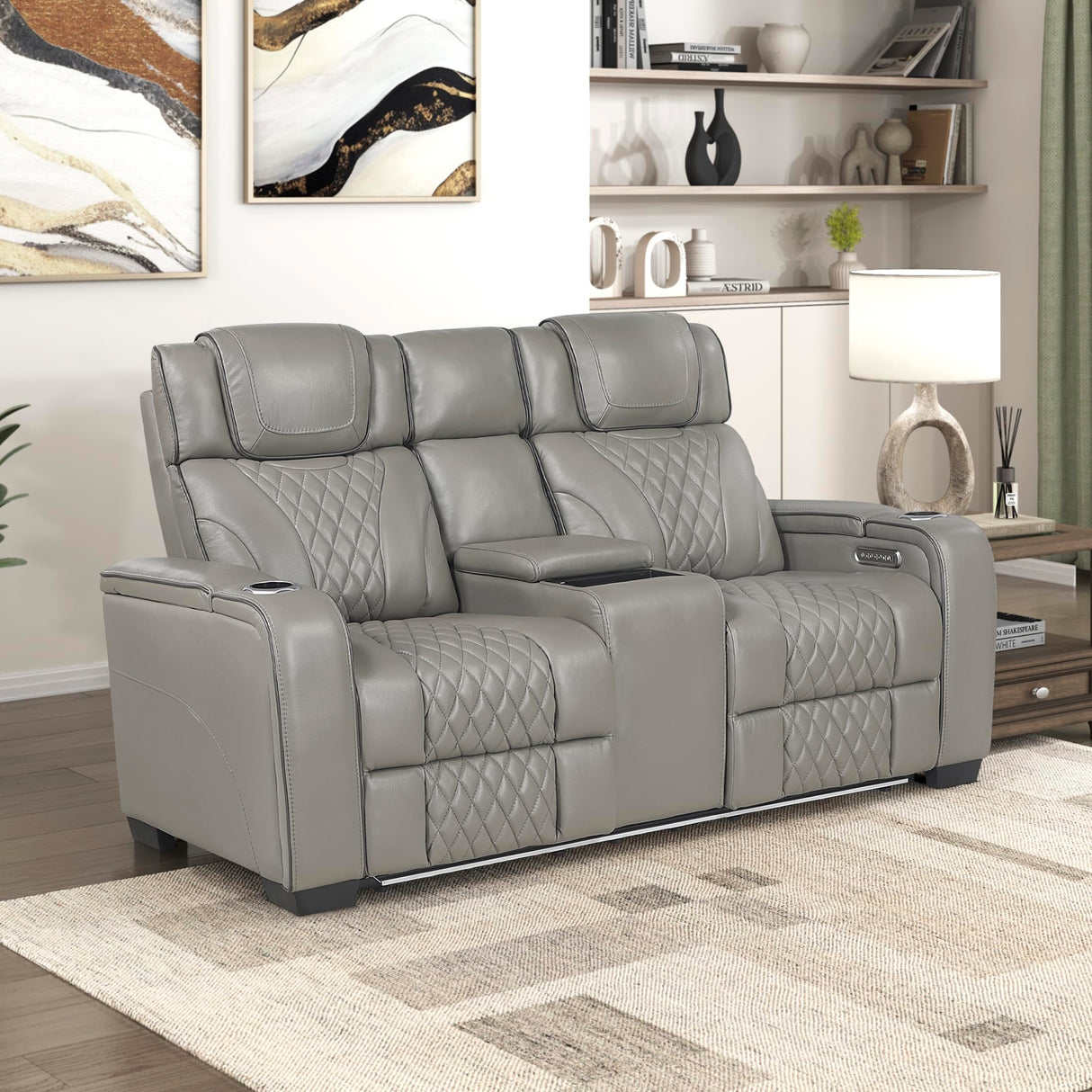 Lexicon Power Double Reclining Loveseat, Center Console/Heat/Massage/Headrest/Storage Arms/Cup Holders/LED Lights/Wireless Charging, Top Grain Leather Match Wall Hugger Recliner Loveseat, Grey Lexicon