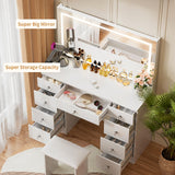 VOWNER Vanity with Lighted Mirror - Makeup Vanity Desk with Power Outlet and 9 Drawers, 3 Color Lighting Modes Adjustable Brightness, 43" Vanity Table with Soft Cushioned Stool for Bedroom, White VOWNER