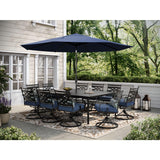 Hanover Montclair 11-Piece Outdoor Dining Set, All-Weather Outdoor Patio Dining Set, 10 Swivel Rocker Chairs with Seat and Lumbar Cushions, 84"x60" Stamped Rectangle Table, Umbrella, and Umbrella Base Hanover