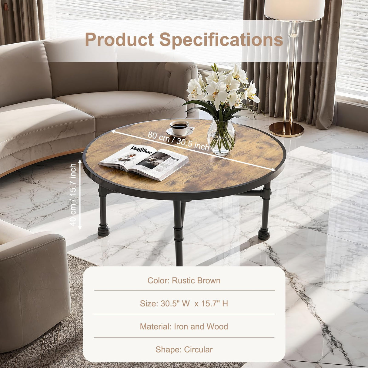 ZYUXUAN Industrial Round Coffee Table, Circle Wood Pottery Barn Coffee Table with Heavy Duty Metal Pipes Legs, Accent Cocktail Table Center Table with Open Shelf Storage for Living Room Home ZYUXUAN