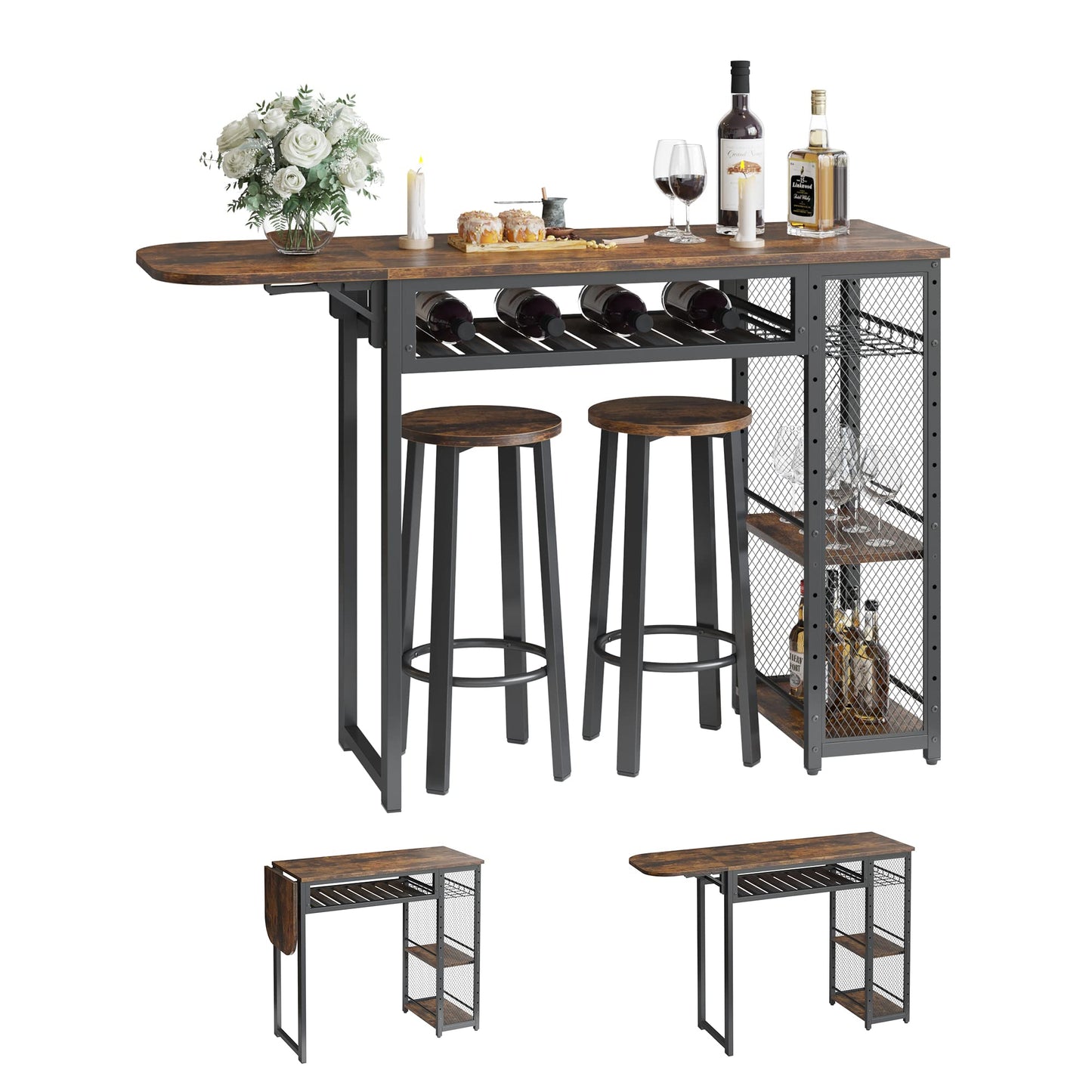 Expandable Rustic Brown Bar Table and Chair Set with Wine Rack and Adjustable Storage Shelves by Bestier - WoodArtSupply