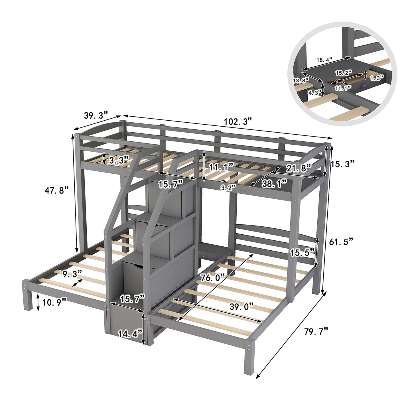 Harper & Bright Designs Triple Bunk Bed with Stairs, Twin Bunk Beds for 3, Wooden Bunk Bed with Built-in Staircase and Little Drawer for Kids Teens Adults, Gray