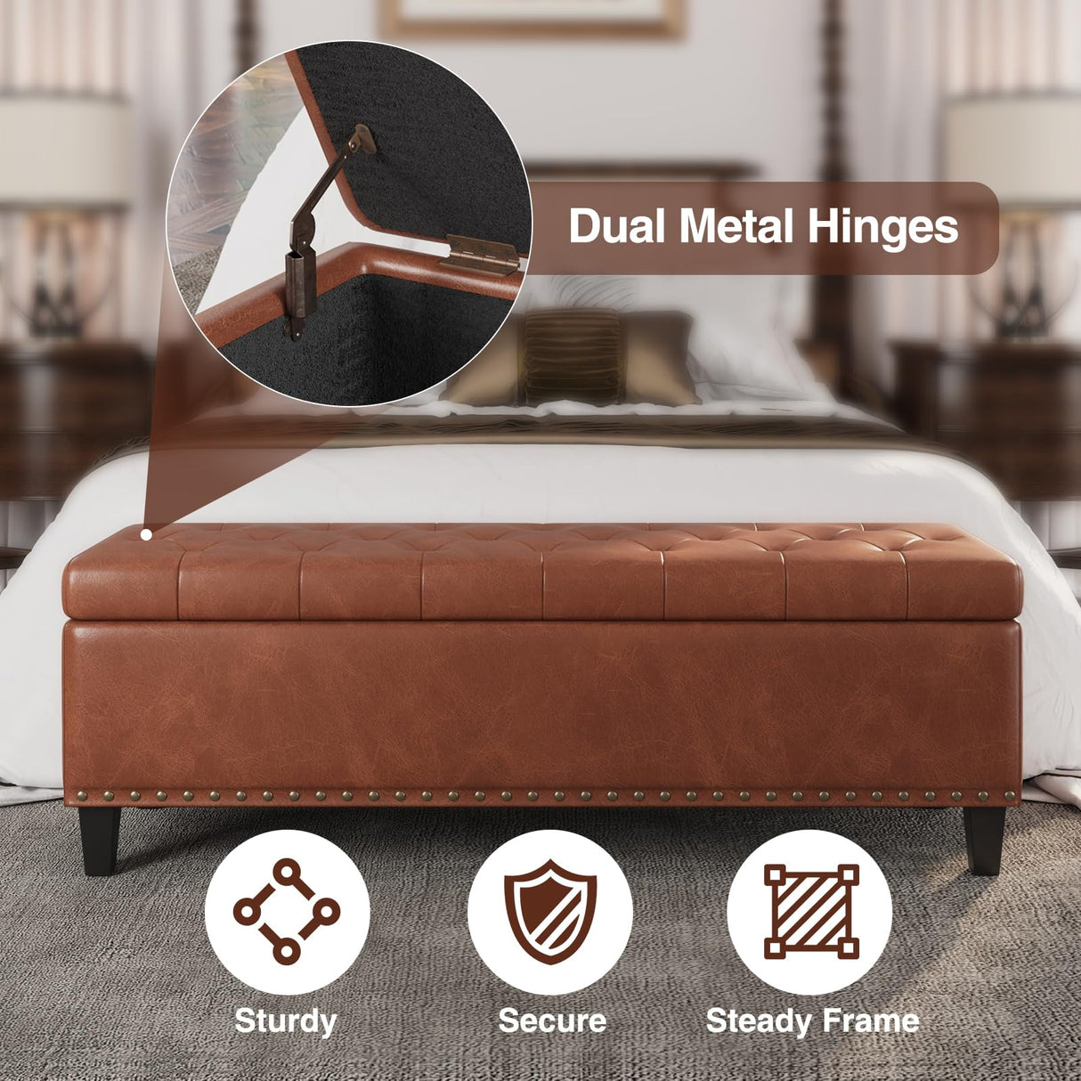 FiveWillowise Storage Bench, 51-Inch Large Storage Ottoman, 30 Gallons, Modern Faux Leather Ottoman with Storage, Rectangle Storage Ottoman Bench for Bedroom, Living Room, Entryway, Hallway, Brown FiveWillowise