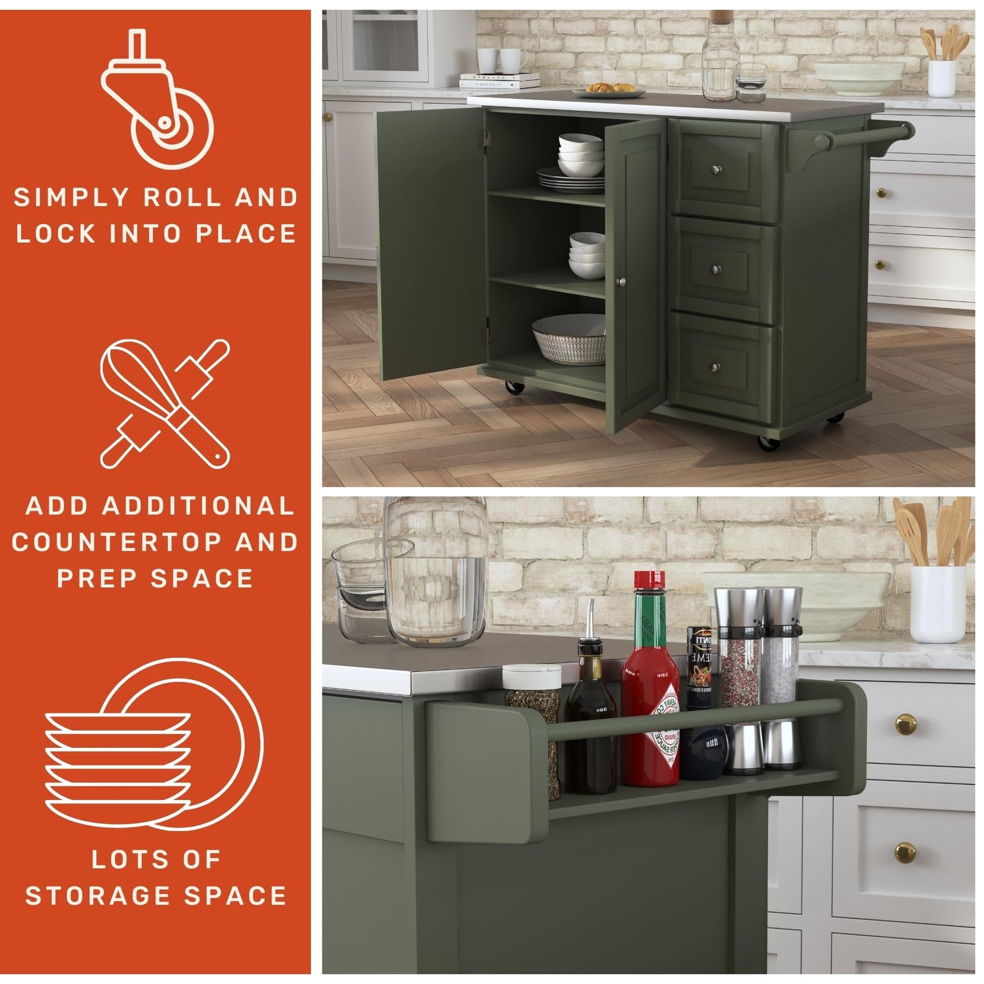 Homestyles Mobile Kitchen Island Cart with Stainless Steel Top, Sage Green - WoodArtSupply