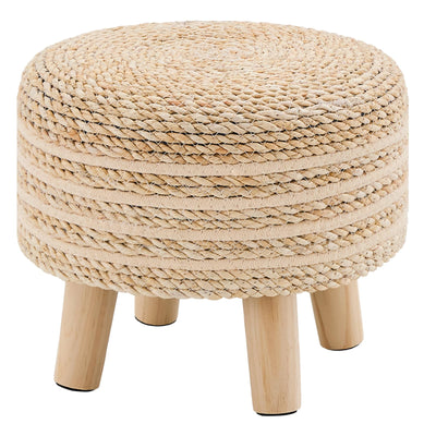 Cpintltr Round Seagrass Ottoman Footstool Handwoven Water Hyacinth Pouf with Solid Wood Legs Shoe Changing Stool Sturdy & Stylish Footrest for Living Room Balcony or Garden Beige