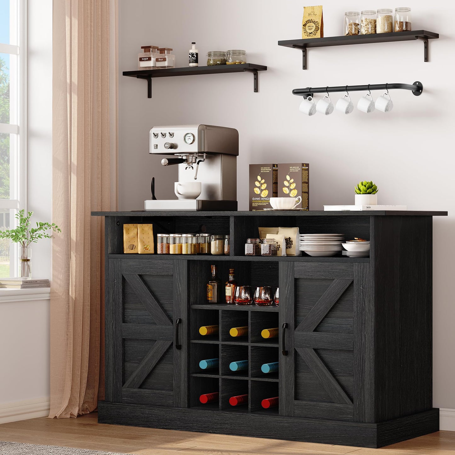 YITAHOME 47" Farmhouse Buffet Cabinet with Power Outlet, Barn Doors & Floating Shelves in Black Oak - WoodArtSupply