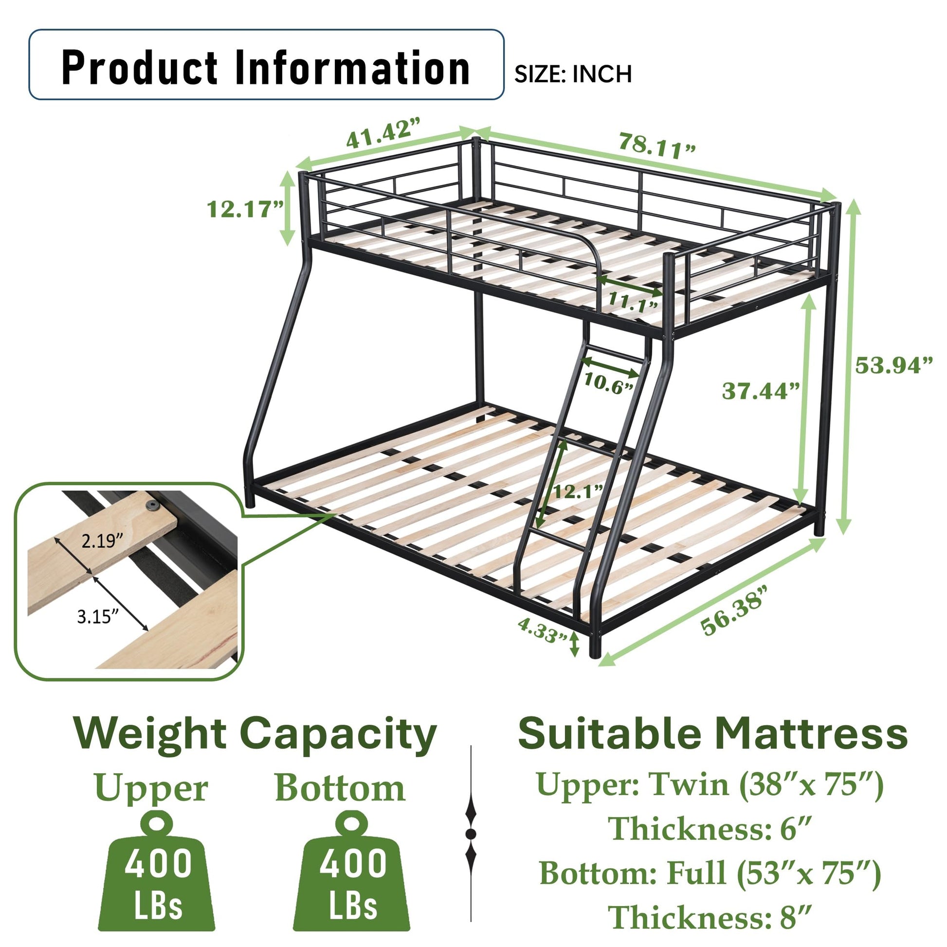 UOCFYK Twin Over Full Bunk Bed with Sturdy Metal Frame, Wood Slats, and Safety Guardrails - Black - WoodArtSupply