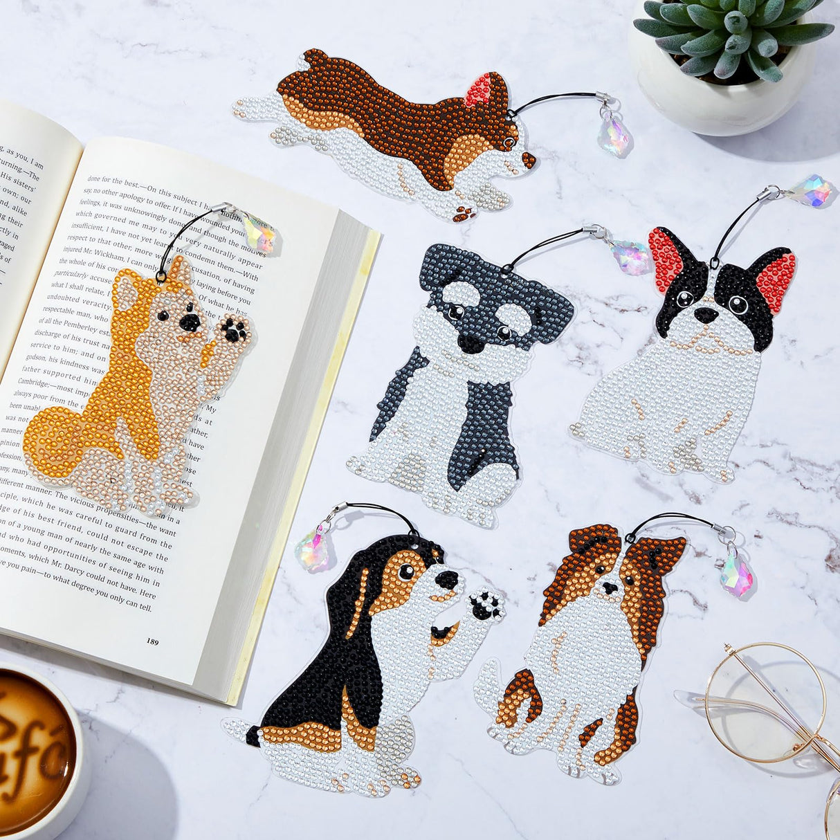 Ireer 6 Pcs Dog 5D Diamond Art Kit for Adult Christmas DIY Painting Gifts Crystal Puppy Diamond Bookmarks Gift for Pet Reading Lover Home Office Project Read DIY Crafts Gifts, 6 Styles Ireer