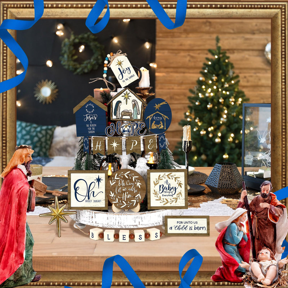 Bucherry 1 Sets Christmas Christian Tiered Tray Decor Christmas Jesus Theme Tray Decor Angel Jesus Star Wooden Decor Wood Angels Mangers Jesus' Birth Decor(Novel) Bucherry