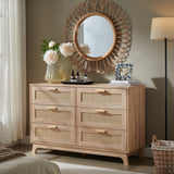 Okvnbjk 6 Drawer Dresser for Bedroom, Rattan Dressers & chests of Drawers with Wood Handles, Boho Chest of Drawers for Bedroom, Living Room and Entryway, Oak Okvnbjk