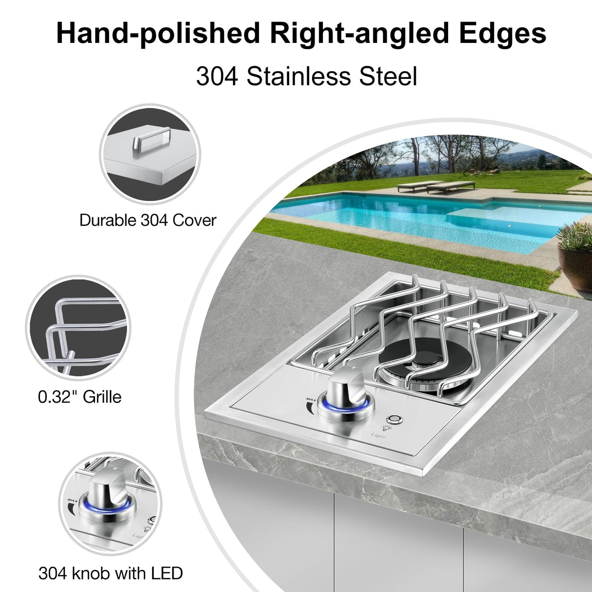 Single Grilling Side Burners for Outdoor Grill, 15,000BTU Natural Gas Side Burner, Sturdy 304 Stainless Steel, with Liquid Propane Kit, Drop-in Side Burner for Outdoor Kitchen BBQ Island Livory