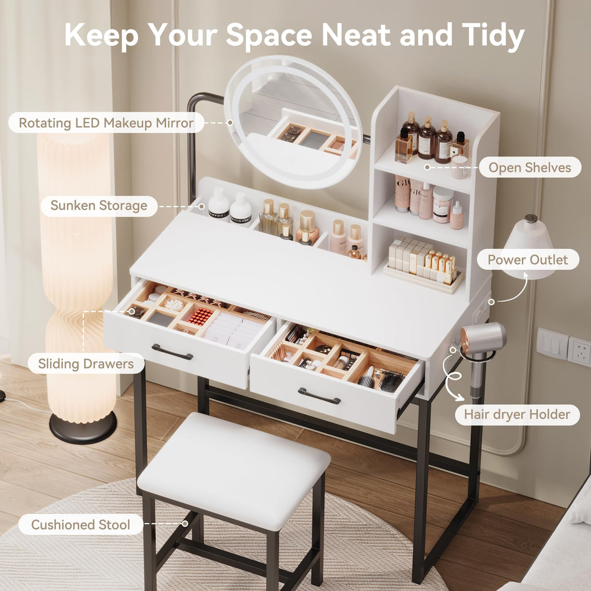 Dowinx Vanity Desk with LED Lighted Mirror & Power Outlet, White Vanity Desk with Adjustable 3 Lighting Modes, Small Vanity Desk for Bedroom, Makeup Vanity with Chair for Girl, White and Black Dowinx