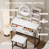 Dowinx Vanity Desk with LED Lighted Mirror & Power Outlet, White Vanity Desk with Adjustable 3 Lighting Modes, Small Vanity Desk for Bedroom, Makeup Vanity with Chair for Girl, White and Black Dowinx