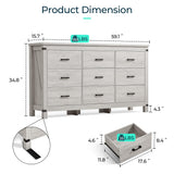 LINSY HOME Dresser for Bedroom with 9 Drawers, 59” Wide Chest with Deep Drawer, Modern Farmhouse Dresser TV Stand with Metal Handles, Wood Storage Cabinet for Closet, Living Room, Hallway, Wash Grey LINSY HOME