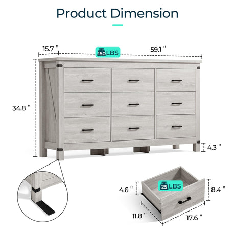 LINSY HOME Dresser for Bedroom with 9 Drawers, 59” Wide Chest with Deep Drawer, Modern Farmhouse Dresser TV Stand with Metal Handles, Wood Storage Cabinet for Closet, Living Room, Hallway, Wash Grey LINSY HOME