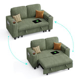 LINSY HOME Loveseat Sofa with Pull Out Couch Chaise: 2-in-1 Convertible 2 Seater Sofa with USB Charging & Cup Holders, Comfy Plush Corduroy Love Seat for Small Spaces Living Room Apartment, Green LINSY HOME