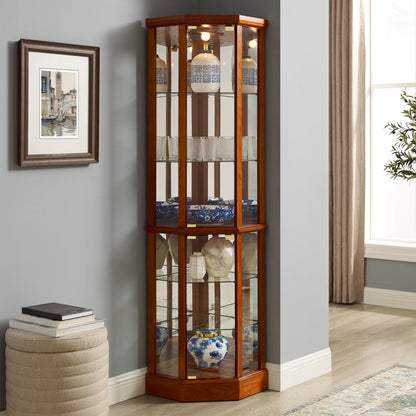 TAMUBAKS Lighted Corner Display Curio Cabinet Wooden Curved Shelving Unit with Tempered Glass Door, Bar and Liquor Storage Area with 6 Shelves - Mirror Back (Oak) - WoodArtSupply