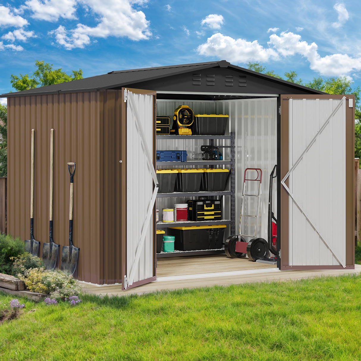 DWVO 8x6 FT Outdoor Storage Shed, Large Metal Tool Sheds, Heavy Duty Storage House with Lockable Doors & Air Vent for Backyard Patio Lawn to Store Bikes, Tools, Lawnmowers, Brown DWVO