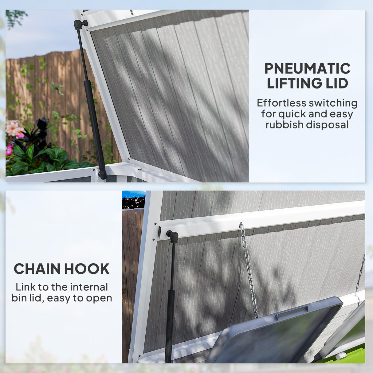 Outsunny 41 Cu. Ft. Outdoor Storage Shed with Chain Lid, Waterproof Outdoor Horizontal Trash Can Storage with Lockable Storage Box for Trash Cans, Garden Tools, Gray Outsunny
