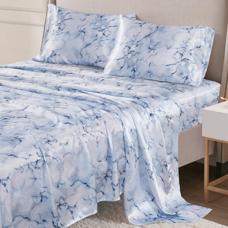 Madison Park Essentials Satin Sheet Set Luxuriously Smooth on Hair & Skin, Lustrous, Silky Bedding, All Seasons Sheets, Elastic Deep Pocket Sheet Fits Up to 16" Mattress, Queen Blue Marble 4 Piece Madison Park