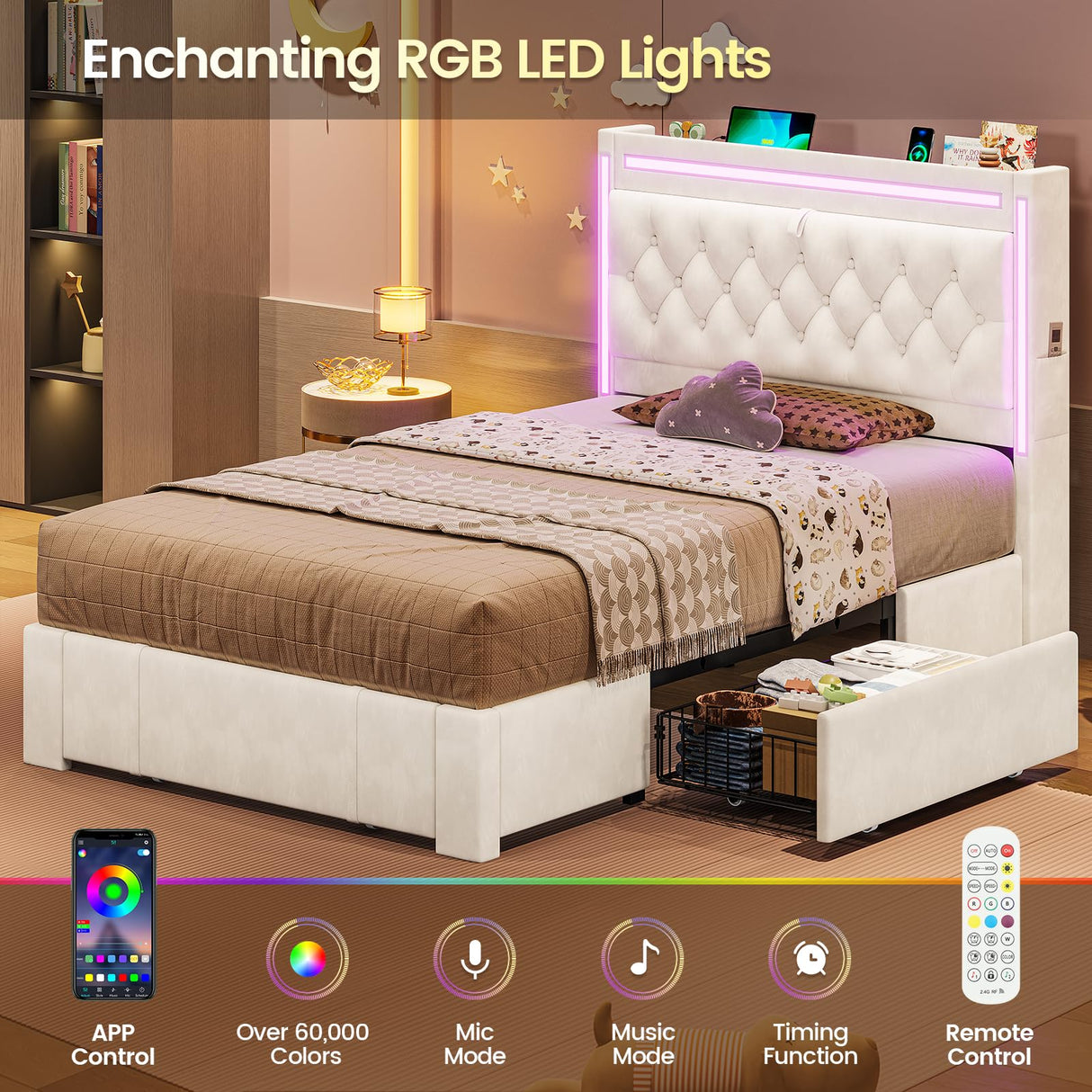 BTHFST Twin Upholstered LED Bed Frame with 3 Drawers, Velvet Hidden Storage Headboard with Charging Station, Button Tufted Headboard and Heavy Duty Metal Slats Support, No Box Spring Needed, Beige BTHFST