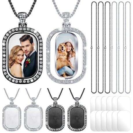 Junkin 24 Pcs Sublimation Rhinestone Trays Pendant Set, Including 6 Double Sided Blank Rhinestone Bezel Trays, 6 Pcs Thick Chains with 12 Sublimation Discs for Making (Black, Silver) Junkin