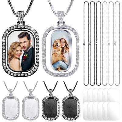 Junkin 24 Pcs Sublimation Rhinestone Trays Pendant Set, Including 6 Double Sided Blank Rhinestone Bezel Trays, 6 Pcs Thick Chains with 12 Sublimation Discs for Making (Black, Silver)