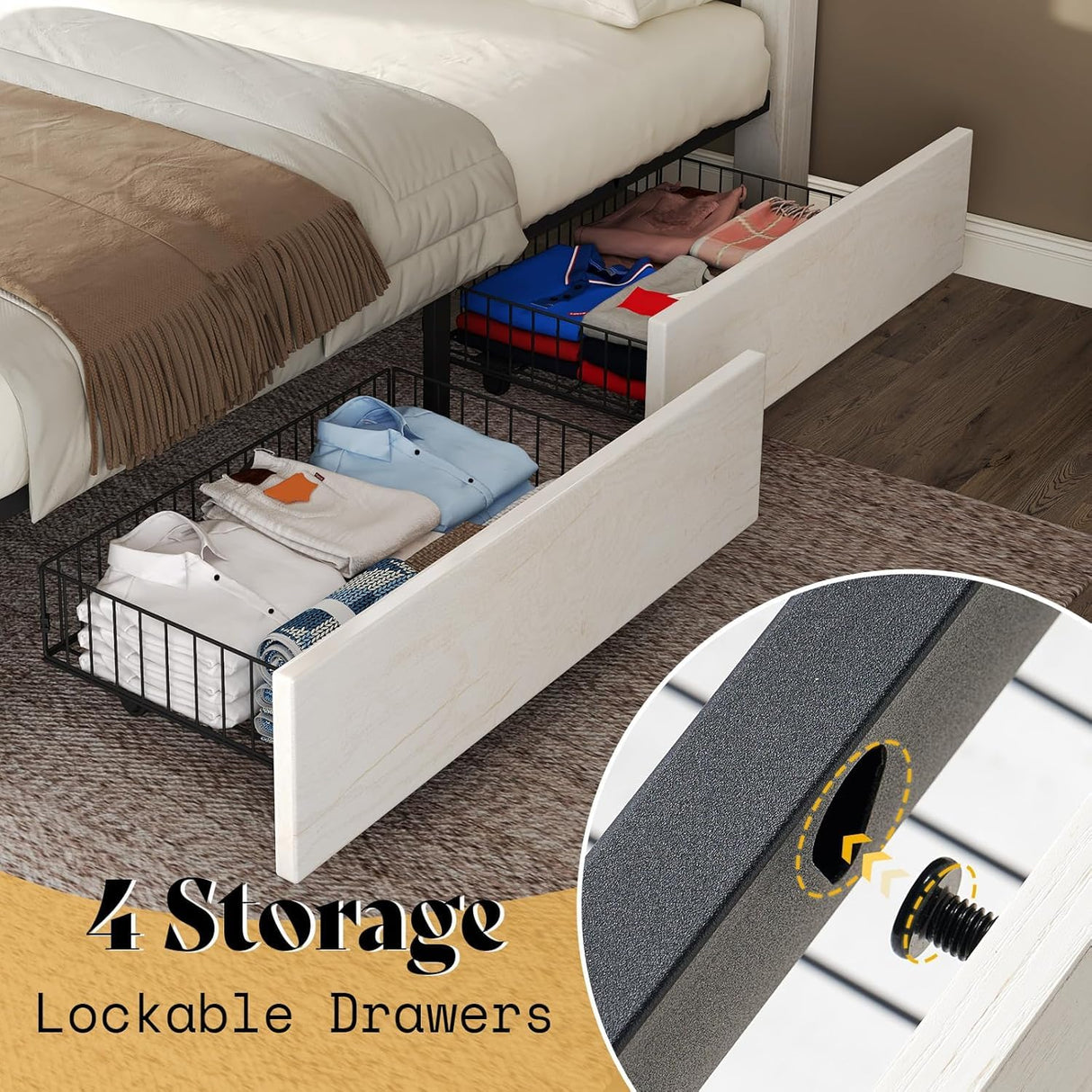 AMERLIFE Full Size Farmhouse Bed Frame with 4 Drawers, Wooden Storage Bed Frame with Headboard and Heavy Duty Metal Slats, Noisy Free, Easy Assemble, White/Barnwood AMERLIFE