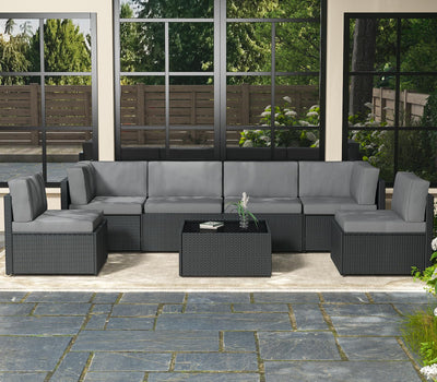AECOJOY 7 Piece Outdoor Patio Furniture Set, Outdoor Sectional Conversation Furniture Chair with Coffee Table,Patio Sectional for Garden,Backyard(Grey Cushions and Black PE Rattan)