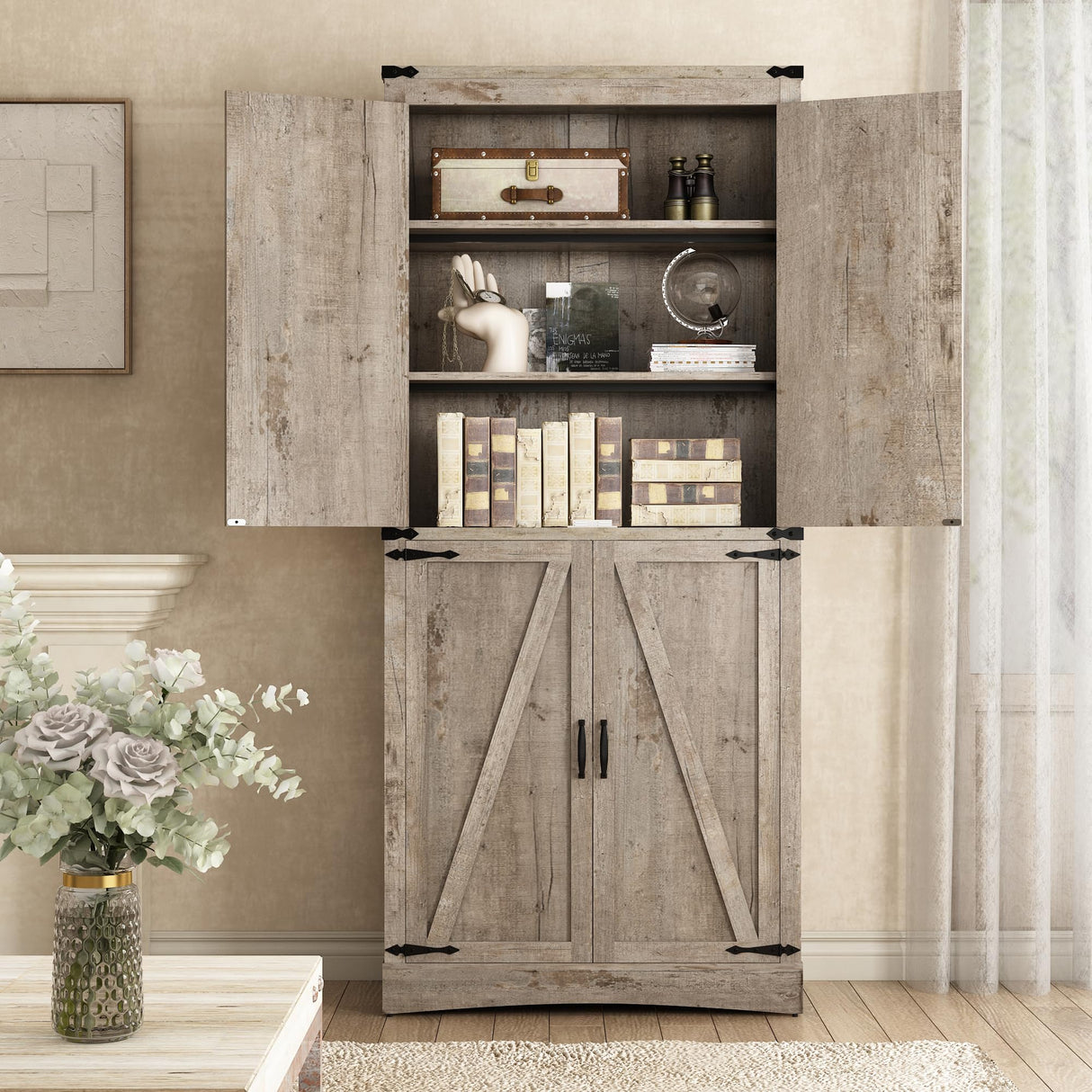 71" Tall Kitchen Pantry,Farmhouse Storage Cabinet with Adjustable Shelves,Load-Bearing Steel Pipe,Farmhouse Pantry Cabinet with 4 Barn Doors,for Kitchen,Dining Room,Living Room(Light Rustic Oak) Hlivelood